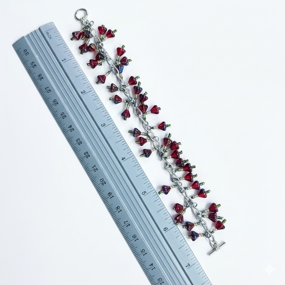 Bracelet 6.75" Beaded Charm Earrings Set Handmade Red Czech Glass Flower Dangle - Picture 10 of 11